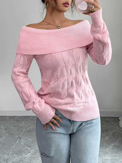 Long Sleeves Solid Color Split-Joint Off-The-Shoulder Pullovers Sweater Tops