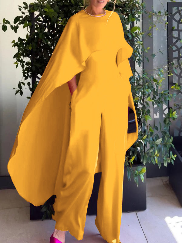 Cape Loose Pockets Solid Color Round-Neck Jumpsuits