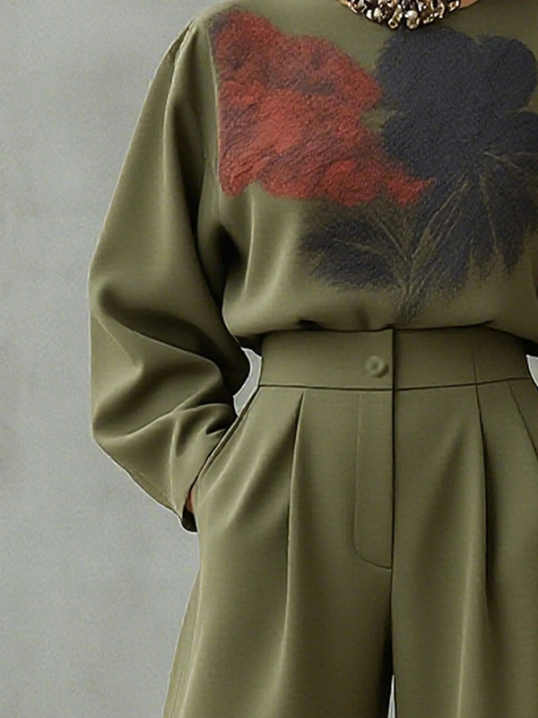 Loose Wide Leg Floral Printed Pleated Split-Joint Pants Trousers