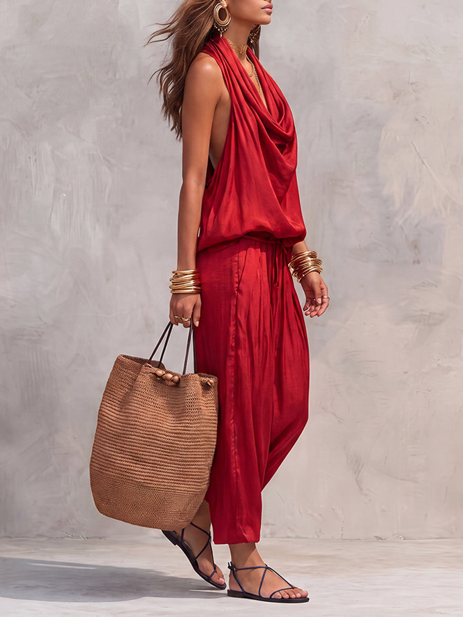 Loose Plus Size Solid Color Heaps Collar Blouses&Shirts Tops + High Waisted Drawstring Elasticity Pockets Pants Trousers Two Pieces Set