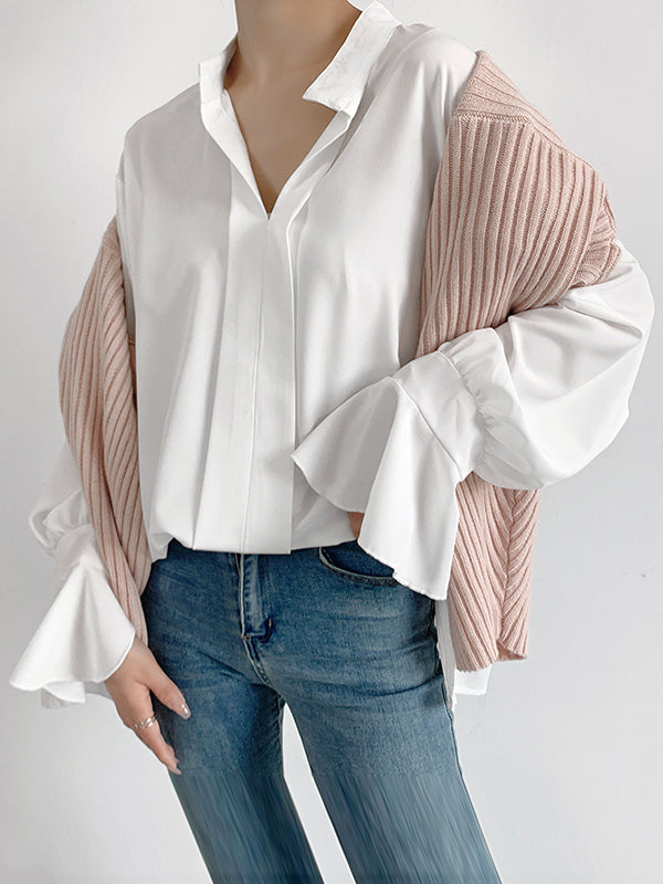Flared Sleeves High-Low Buttoned Solid Color Split-Side V-Neck Blouses&Shirts Tops