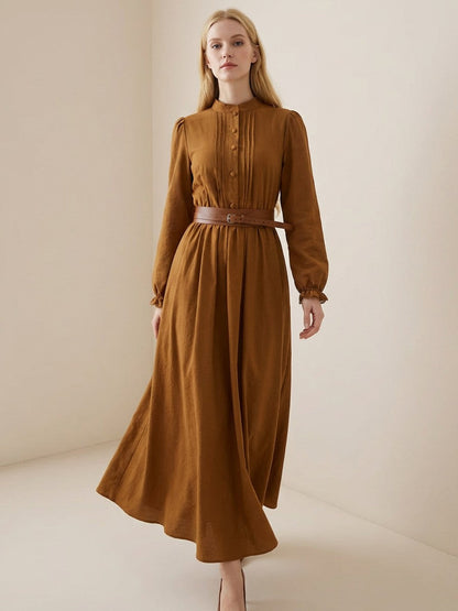 A-Line Elasticated Waist Belted Buttoned Contrast Color Pleated Split-Joint Stand Collar Maxi Dresses Shirt Dress