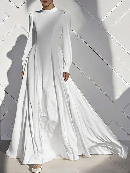 A-Line High Waisted Pleated Solid Color Zipper Mock Neck Maxi Dresses