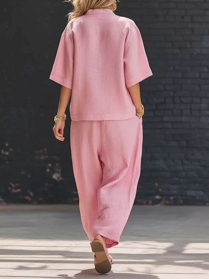 Loose Solid Color V-Neck Asymmetric Buttoned Blouses&Shirts Tops + High Waisted Pockets Pants Trousers Two Pieces Set