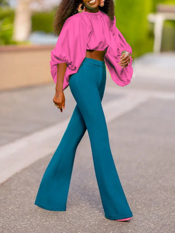 Loose Puff Sleeves Solid Color Mock Neck Blouses&Shirts Tops