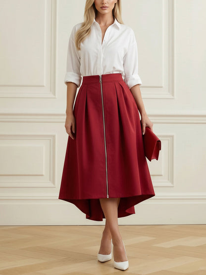 A-Line High-Low Pleated Pockets Solid Color Zipper Skirts Bottoms
