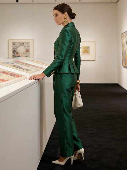 Elasticated Waist High Waisted Buttoned Contrast Color Ruffled Split-Joint Lapel Blazer Blouses&Shirts Tops