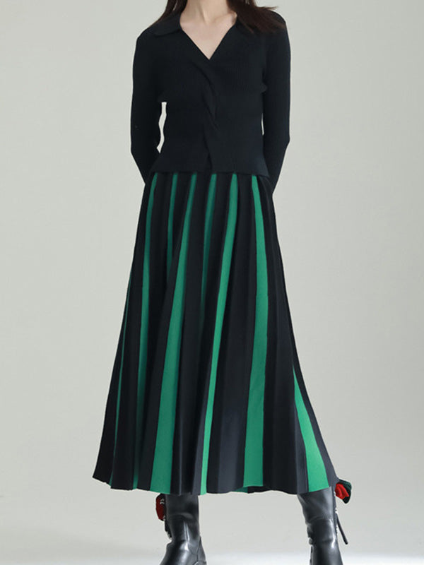 A-Line Loose Contrast Color Pleated Skirts Bottoms