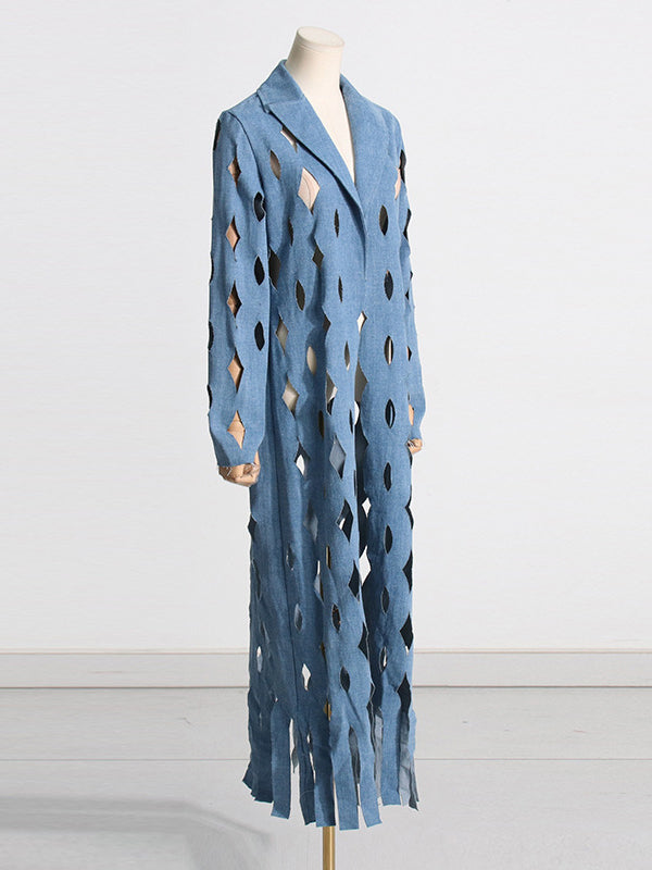 Long Sleeves Loose Hollow Solid Color Tasseled Notched Collar Denim Outerwear