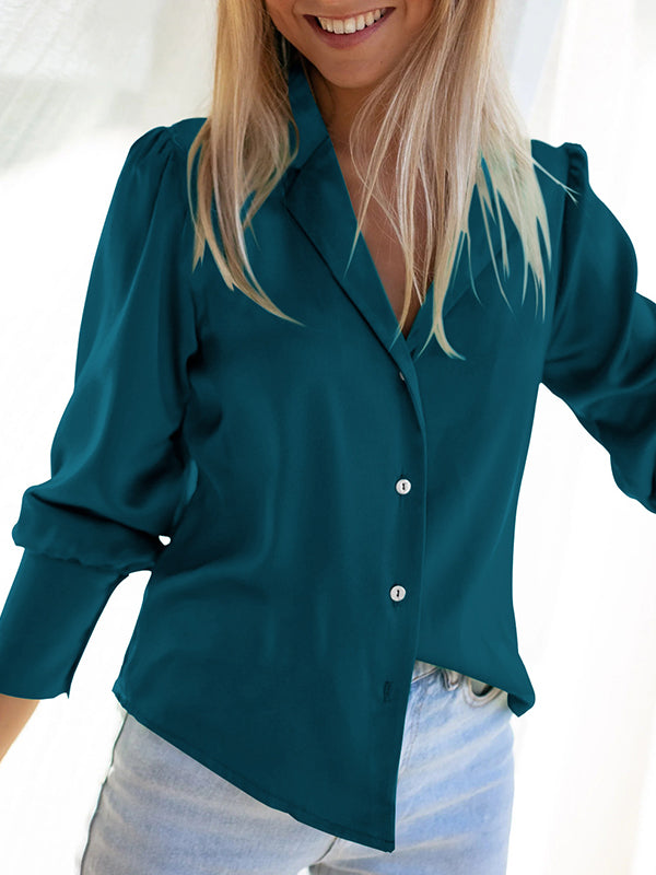 Long Sleeves Buttoned Notched Collar Blouses&Shirts Tops