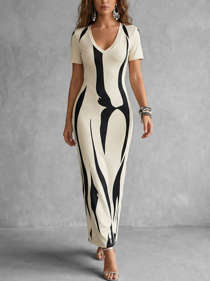 Bodycon High Waisted Contrast Color Printed Split-Back V-Neck Maxi Dresses