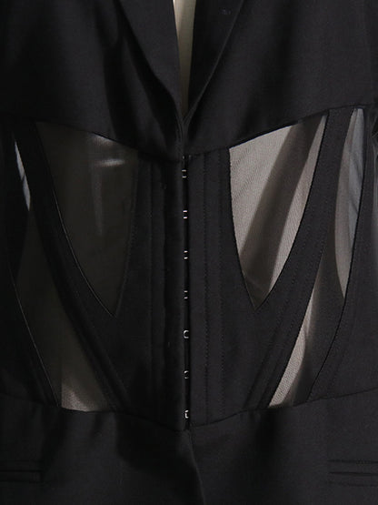 Long Sleeves Buckle Gauze See-Through Solid Color Split-Joint Notched Collar Blazer