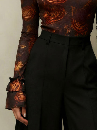 Flared Sleeves Long Sleeves Flower Print High Neck Blouses&Shirts Tops