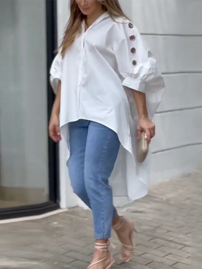 Loose Puff Sleeves High-Waisted Hollow Solid Color Lapel Collar Blouses&Shirts Tops