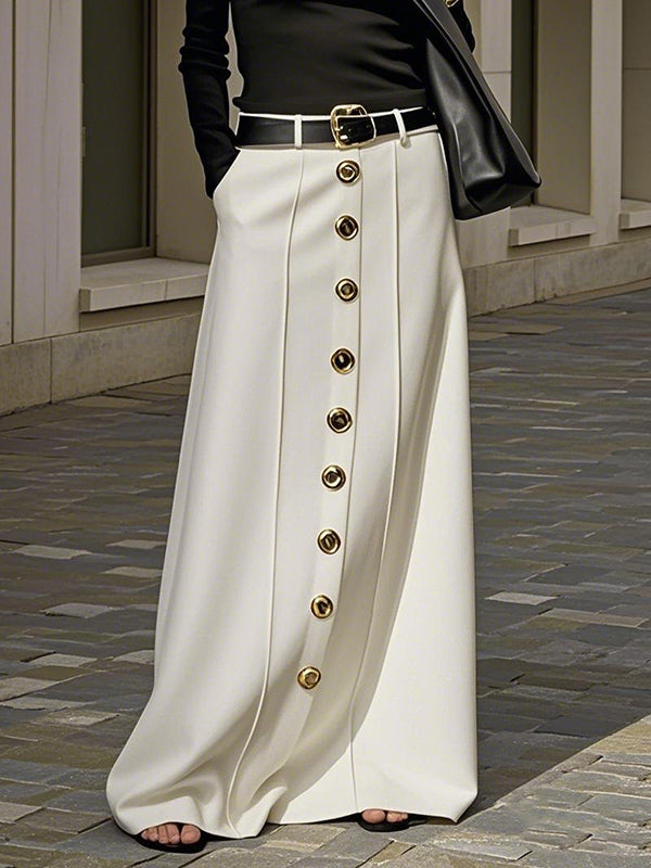 Loose Buttoned No Belt Pockets Solid Color Skirts Bottoms
