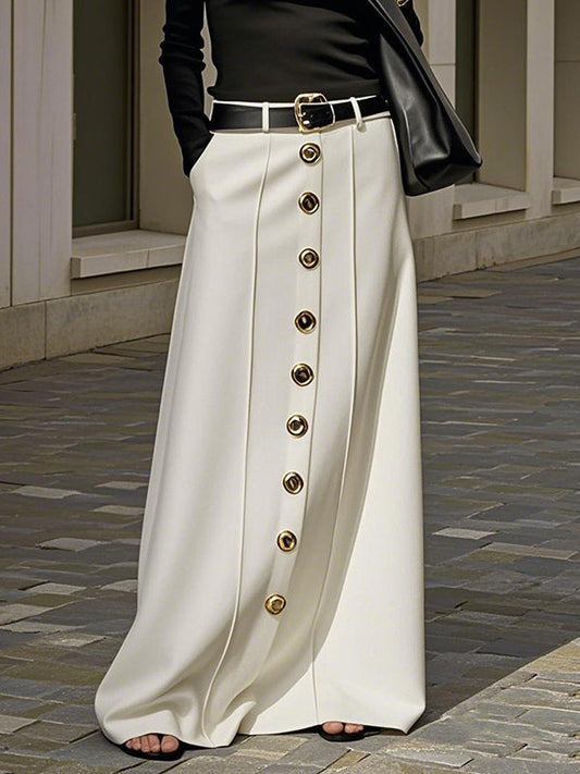 Loose Buttoned No Belt Pockets Solid Color Skirts Bottoms