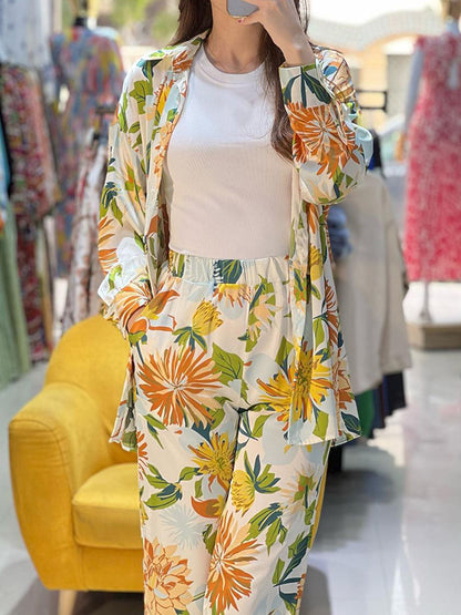 Long Sleeves Buttoned Flower Print Lapel Shirts Top +High Waisted Pants Bottom Two Pieces Set