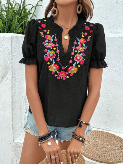 Loose Puff Sleeves Flower-Embellished Contrast Color Jacquard Pleated Ruffled Split-Joint V-Neck Blouses&Shirts Tops