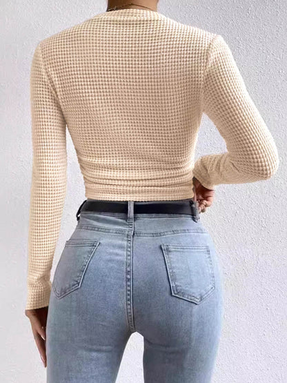 Long Sleeves Skinny Pleated Solid Color Split-Joint Textured Waffle Check Round-Neck T-Shirts Tops