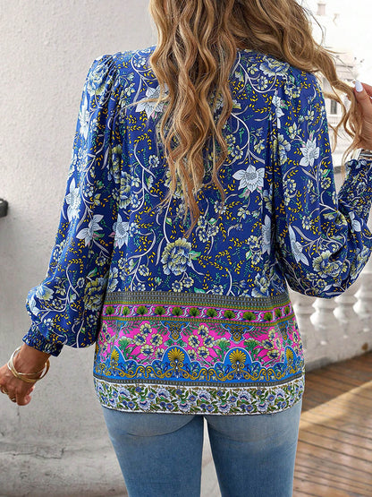 Long Sleeves Loose Contrast Color Drawstring Flower Print Pleated Split-Joint V-Neck Blouses&Shirts Tops