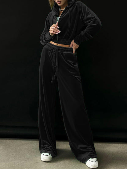 Solid Color Long Sleeves Hooded Outerwear + Straight Leg Pants Trousers Two Pieces Set