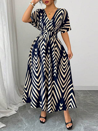 Elasticated Waist High Waisted Contrast Color Geometric Printed Split-Joint V-Neck Maxi Dresses