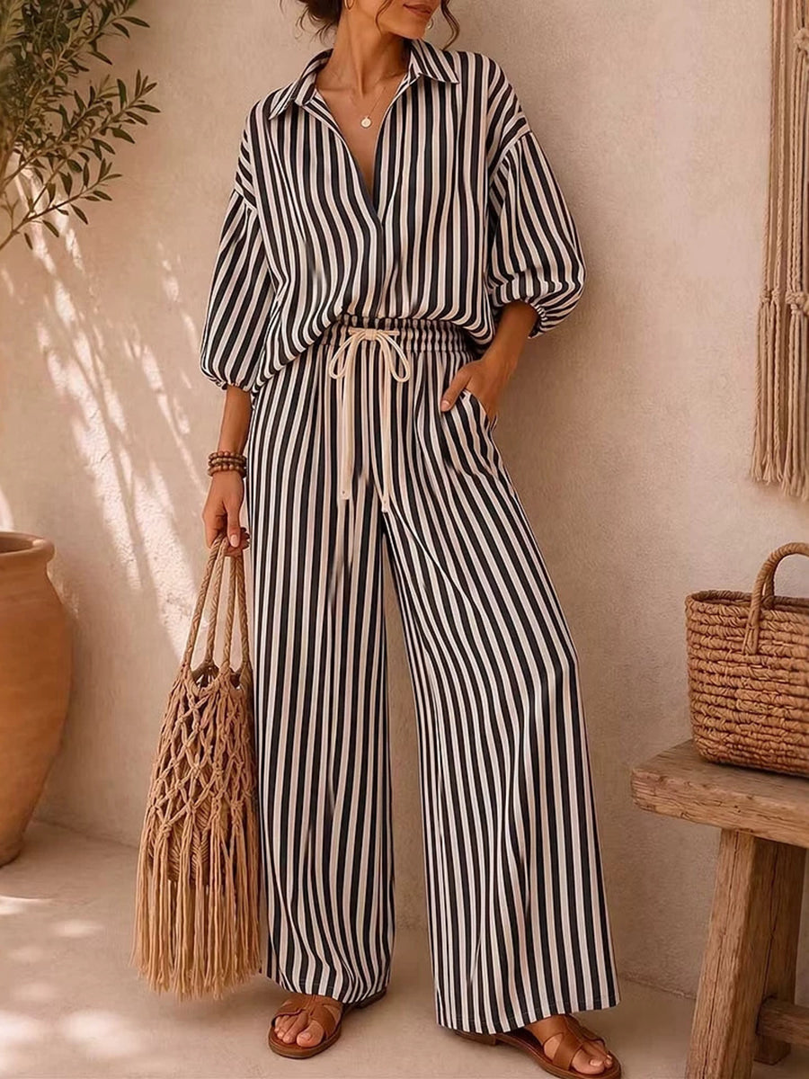Loose Contrast Color Striped Long Sleeves Buttoned Lapel Blouses&shirts Tops + Drawstring Elasticity PocketsPants Trousers Two Pieces Set