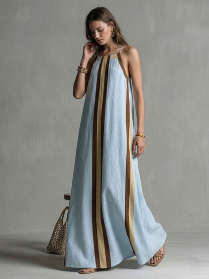 A-Line Loose Contrast Color Pleated Spaghetti-Neck Maxi Dresses