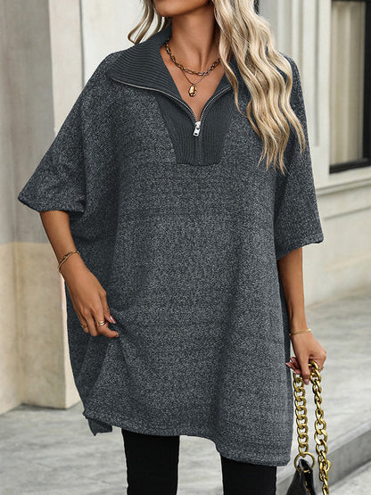 Loose Three-Quarter Sleeves Split-Joint Zipper V-Neck Sweater Tops