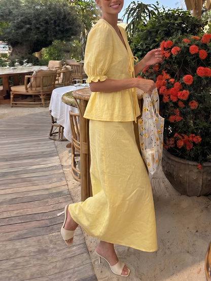 Tied Split-Joint Solid Color Pleated Short Sleeves Plus Size V-neck Two Pieces Set Skirts Bottoms Blouses&shirts Tops