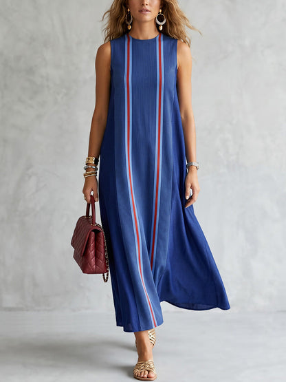 Loose Sleeveless Contrast Color Striped Round-Neck Midi Dresses