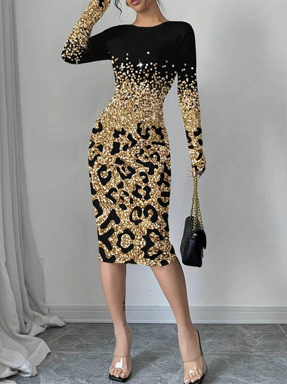 Bodycon Long Sleeves Contrast Color Leopard Shiny Split-Joint Round-Neck Midi Dresses