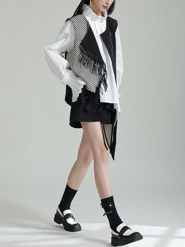 Ruffle Sleeves Sleeveless Asymmetric Buttoned Houndstooth Vest Outerwear