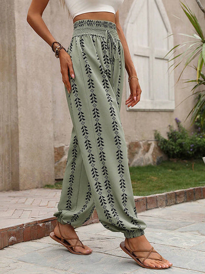 High Waisted Loose Drawstring Elasticity Pleated Printed Knickerbockers Pants Trousers