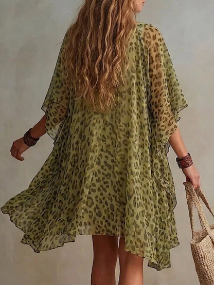 Batwing Sleeves Half Sleeves Asymmetric Contrast Color Leopard Ruffle Trim See-Through Deep V-Neck Mini Dresses