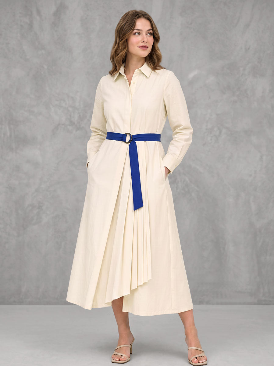 Solid Color Pockets Pleated Buttoned Belted Asymmetric Long Sleeves Lapel Shirt Dress Midi Dresses