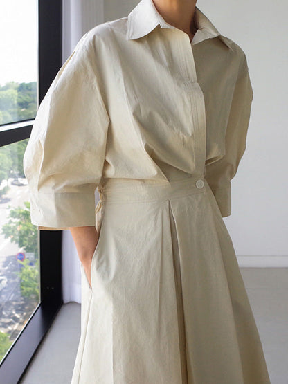 Long Sleeves Loose Buttoned Solid Color Lapel Midi Dresses