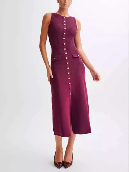 Solid Color Buttoned Sleeveless Bodycon Round-neck Midi Dresses