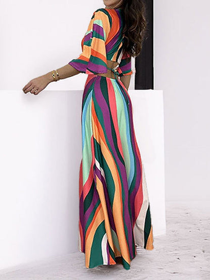 A-Line Cropped Contrast Color Knot Printed Split-Joint Deep V-Neck Maxi Dresses