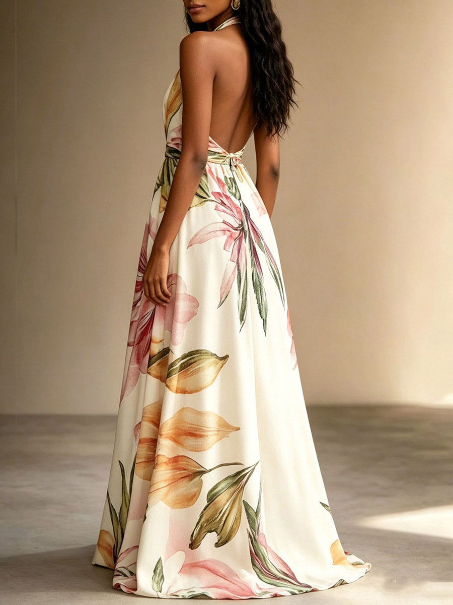 Flower Print Drawstring Contrast Color Backless Sleeveless Loose V-neck Midi Dresses
