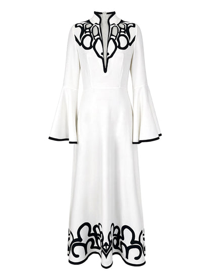 A-Line Flared Sleeves Abstract Printed Contrast Color Hollow Line Split-Joint Stand Collar Maxi Dresses