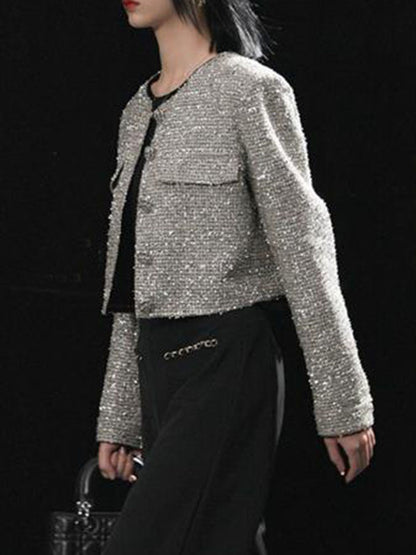 Long Sleeves Loose Buttoned Pockets Weave Round-Neck Outerwear