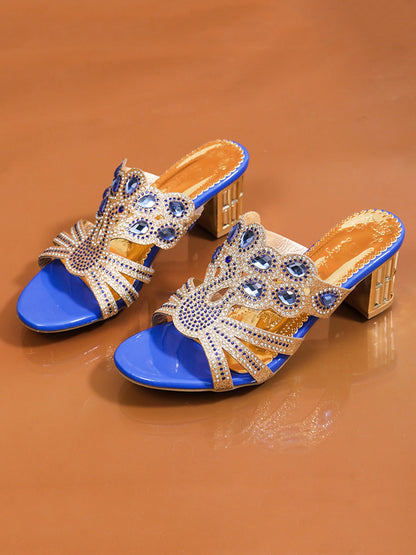 Square Heel Open Toe Rhinestone Pumps