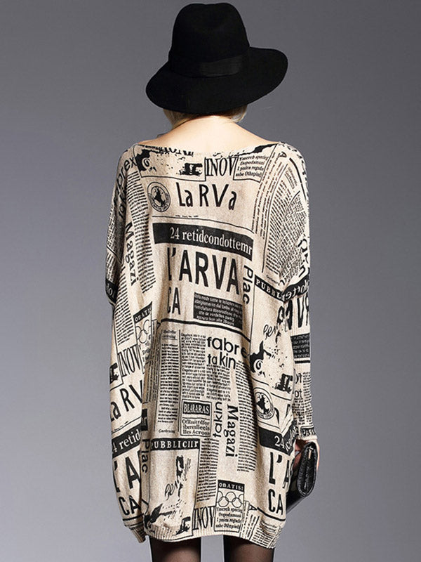 Vintage Loose One-Shoulder Newspaper Printed Split-Joint Sweater