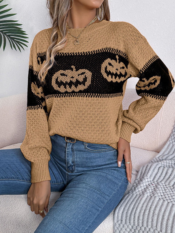 Long Sleeves Loose Contrast Color Split-Joint Round-Neck Pullovers Sweater Tops