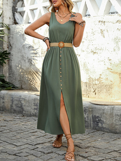High Waisted Sleeveless Belt Buckle Buttoned Pleated Solid Color V-Neck Maxi Dresses