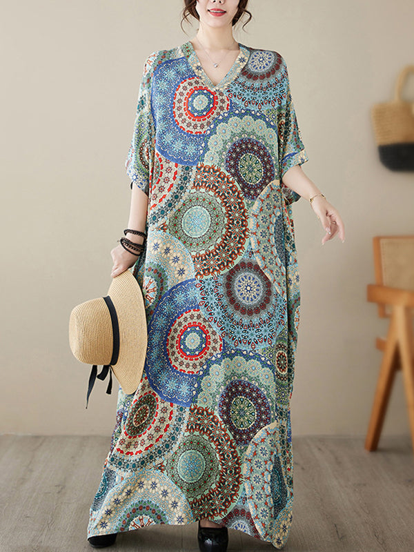 Loose Short Sleeves Ethnic Printed V-Neck Maxi Dresses