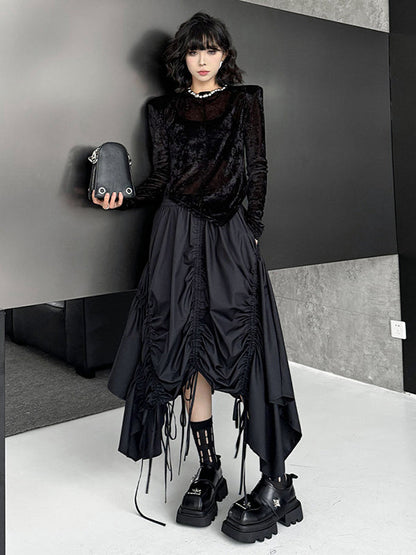A-Line Elasticated Waist Asymmetric Drawstring Pleated Solid Color Skirts Bottoms