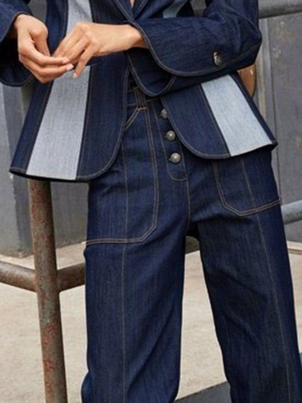 High Waisted Straight Leg Contrast Color Split-Joint Jean Pants Bottoms