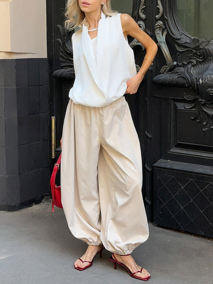 Elasticated Waist High Waisted Drawstring Pleated Solid Color Ankle-Tied Pants